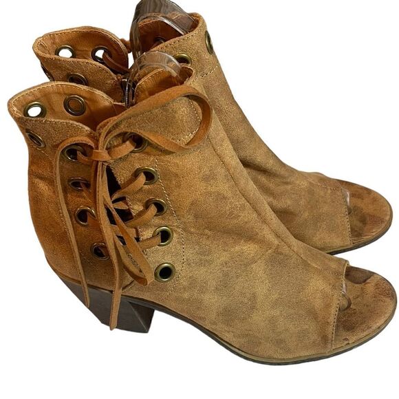 93 Vintage Womens Open Toe Ankle Boots Lace Up Tan Side Zip Vegan 9.5 - Picture 3 of 16
